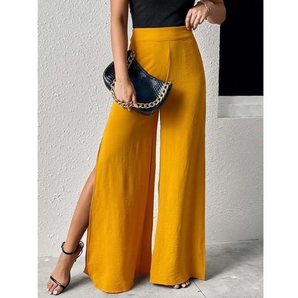 Yellow Boho Womens Split Thigh Wide Leg Pants - Picture 3 of 7